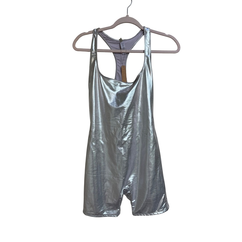 SKIMS Metallic Swim Mid Thigh Bodysuit Nickel Silver Size Medium